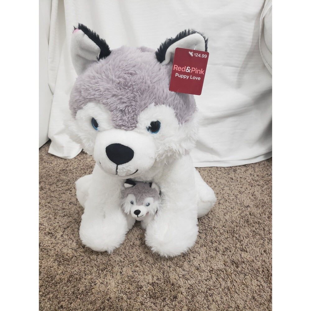 Red & Pink Puppy Love Stuffed Husky Dog with Baby Pup Plush Toy